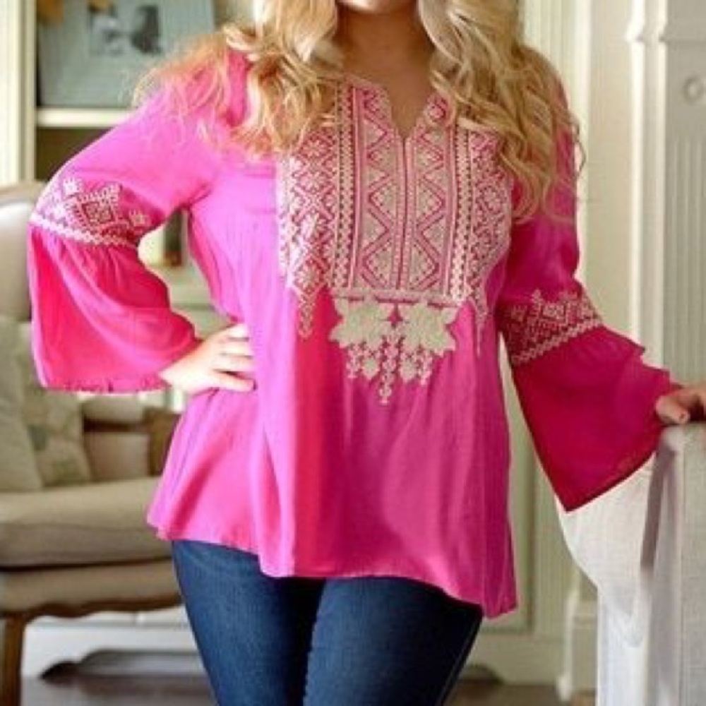 April Sky Fuchsia Embroidered Bell Sleeve Blouse